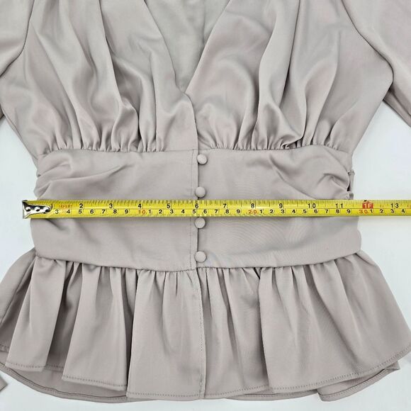 Jason Wu Silver Beige V-Neck Peplum Ruffles Hem Satin Blouse Gathered Waist XS - Picture 4 of 8
